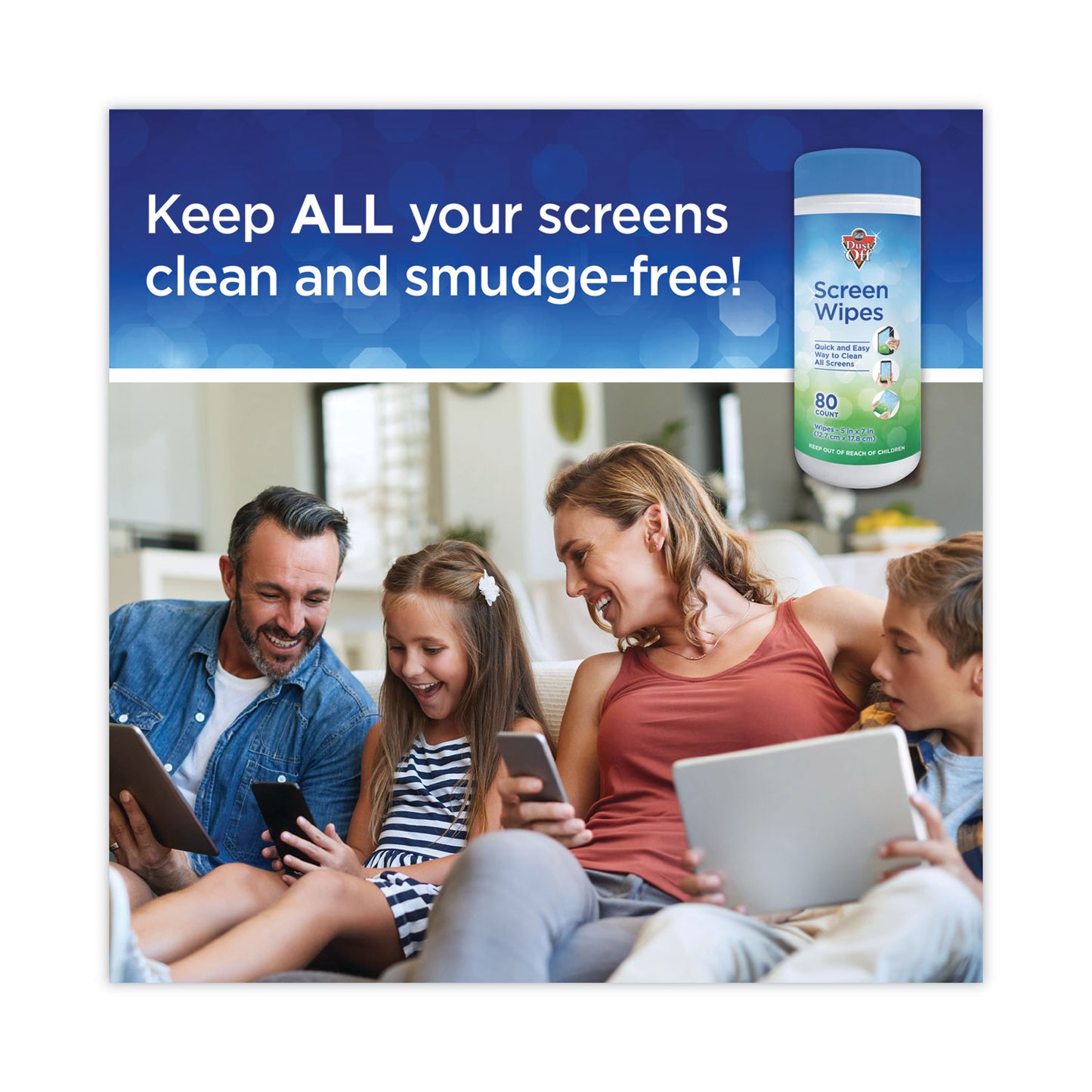 Dust-Off Premoistened Monitor Cleaning Wipes, Cloth, 5 x 7, Citrus, White, 80/Tub (DSCT)