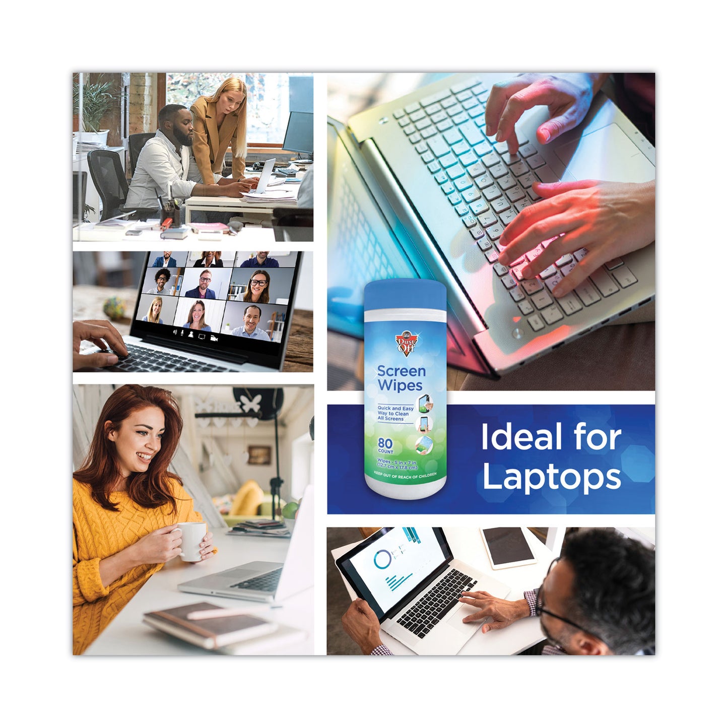 Dust-Off Premoistened Monitor Cleaning Wipes, Cloth, 5 x 7, Citrus, White, 80/Tub (DSCT)