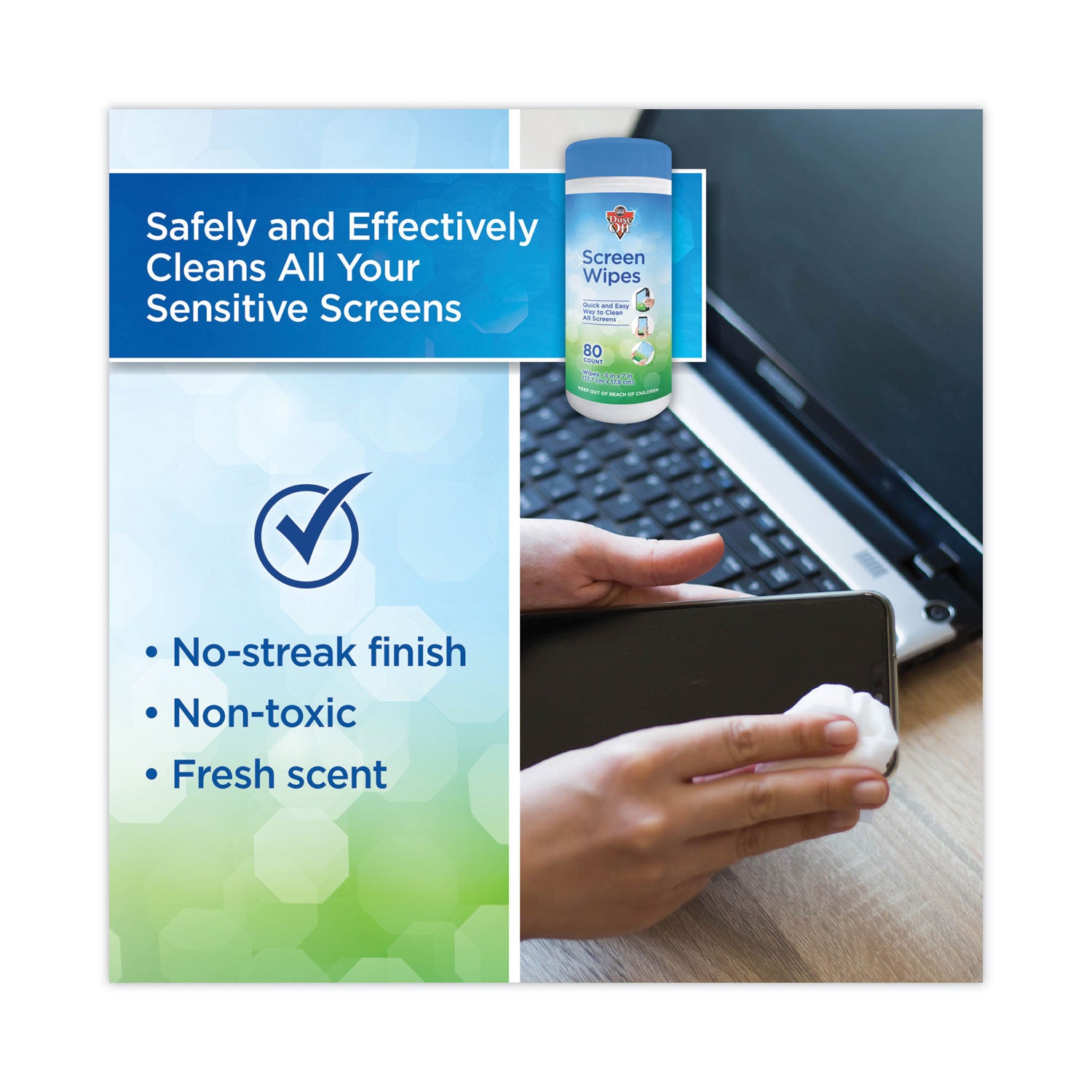 Dust-Off Premoistened Monitor Cleaning Wipes, Cloth, 5 x 7, Citrus, White, 80/Tub (DSCT)