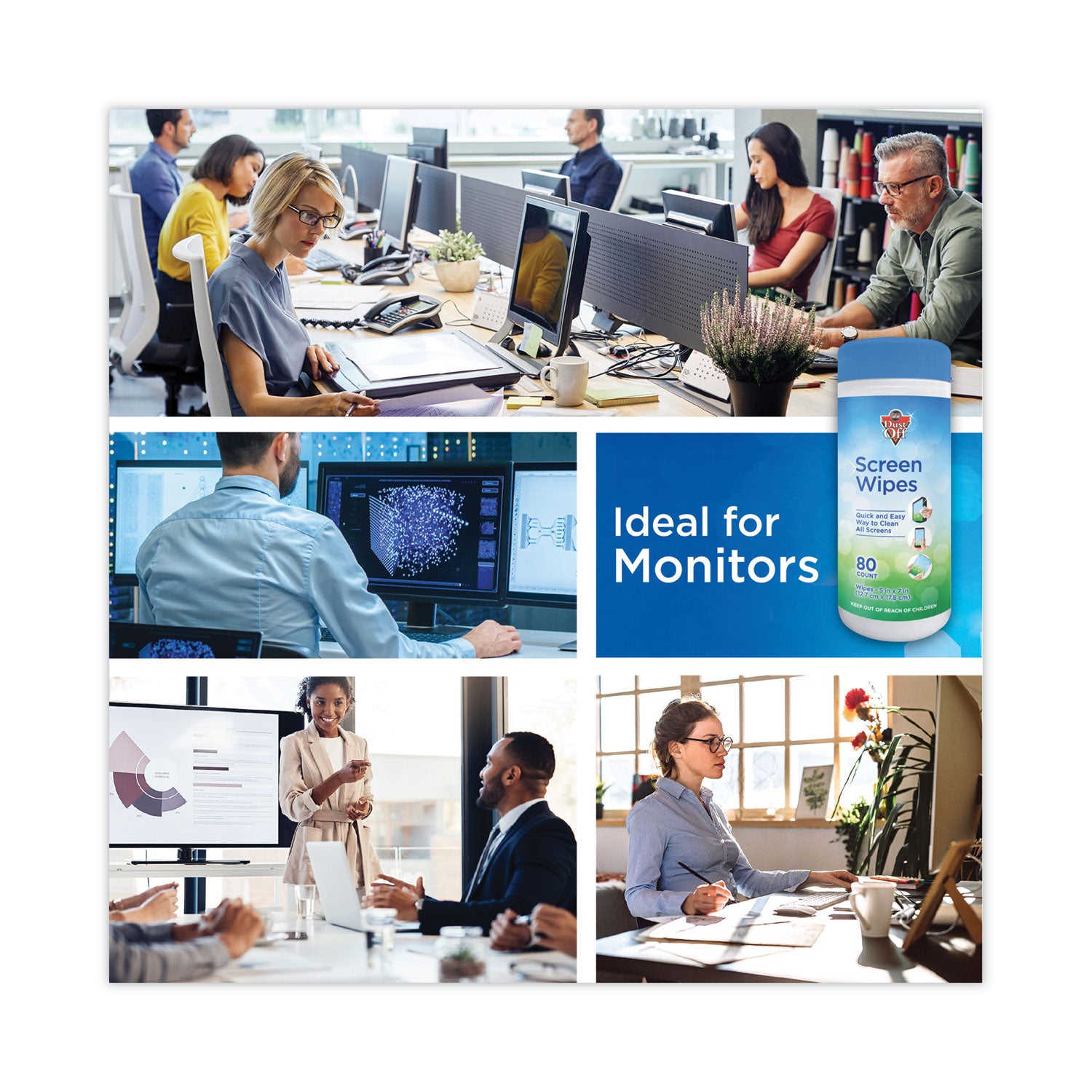 Dust-Off Premoistened Monitor Cleaning Wipes, Cloth, 5 x 7, Citrus, White, 80/Tub (DSCT)