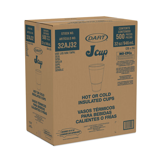 Dart Foam Drink Cups, 32 oz, Tapered Bottom, White, 25/Bag, 20 Bags/Carton (32AJ32)