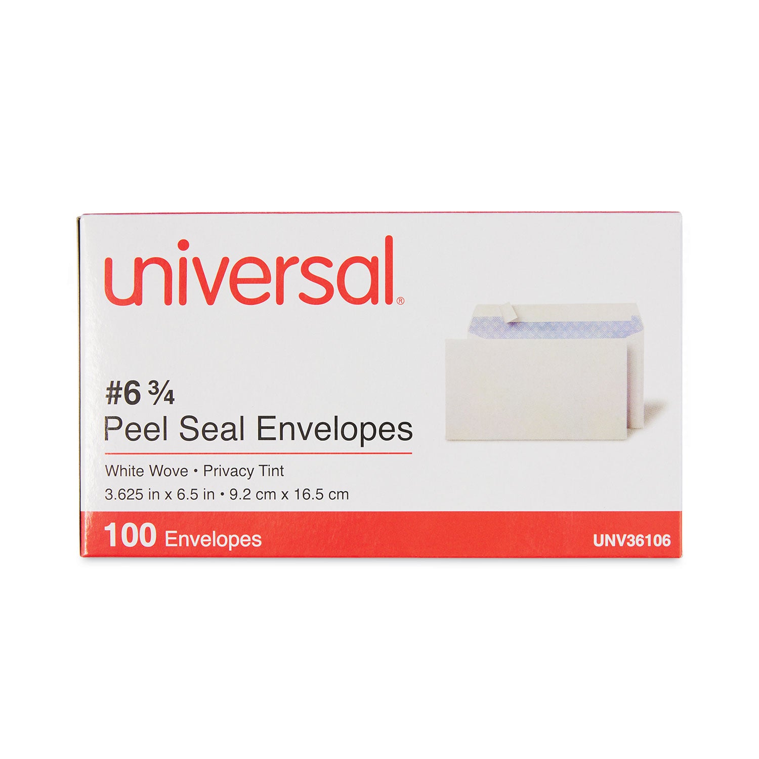 Universal Peel Seal Strip Security Tint Business Envelope, #6 3/4, Square Flap, Self-Adhesive Closure, 3.63 x 6.5, White, 100/Box (36106)