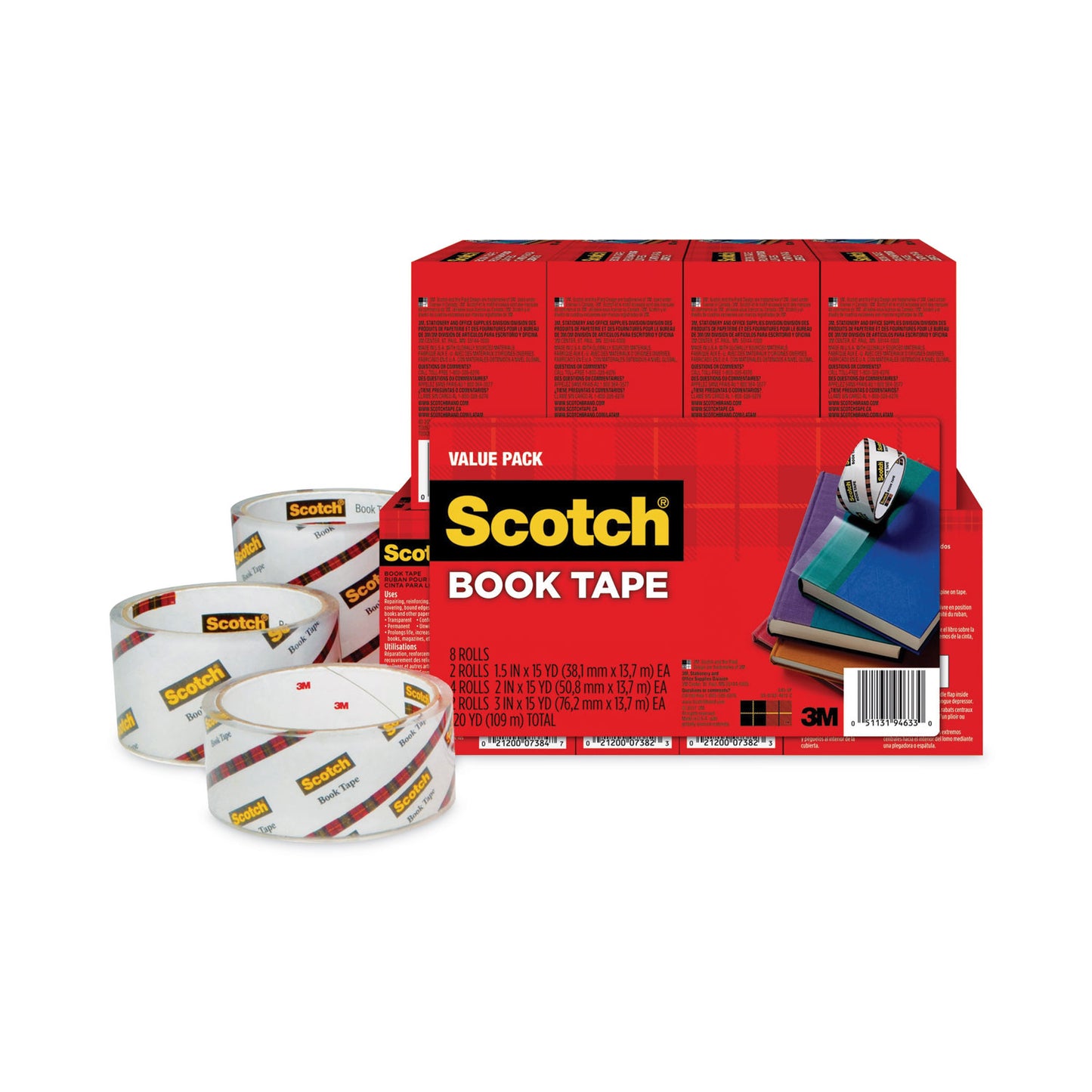 Scotch Book Tape Value Pack, 3" Core, (2) 1.5" x 15 yds, (4) 2" x 15 yds, (2) 3" x 15 yds, Clear, 8/Pack (845VP)