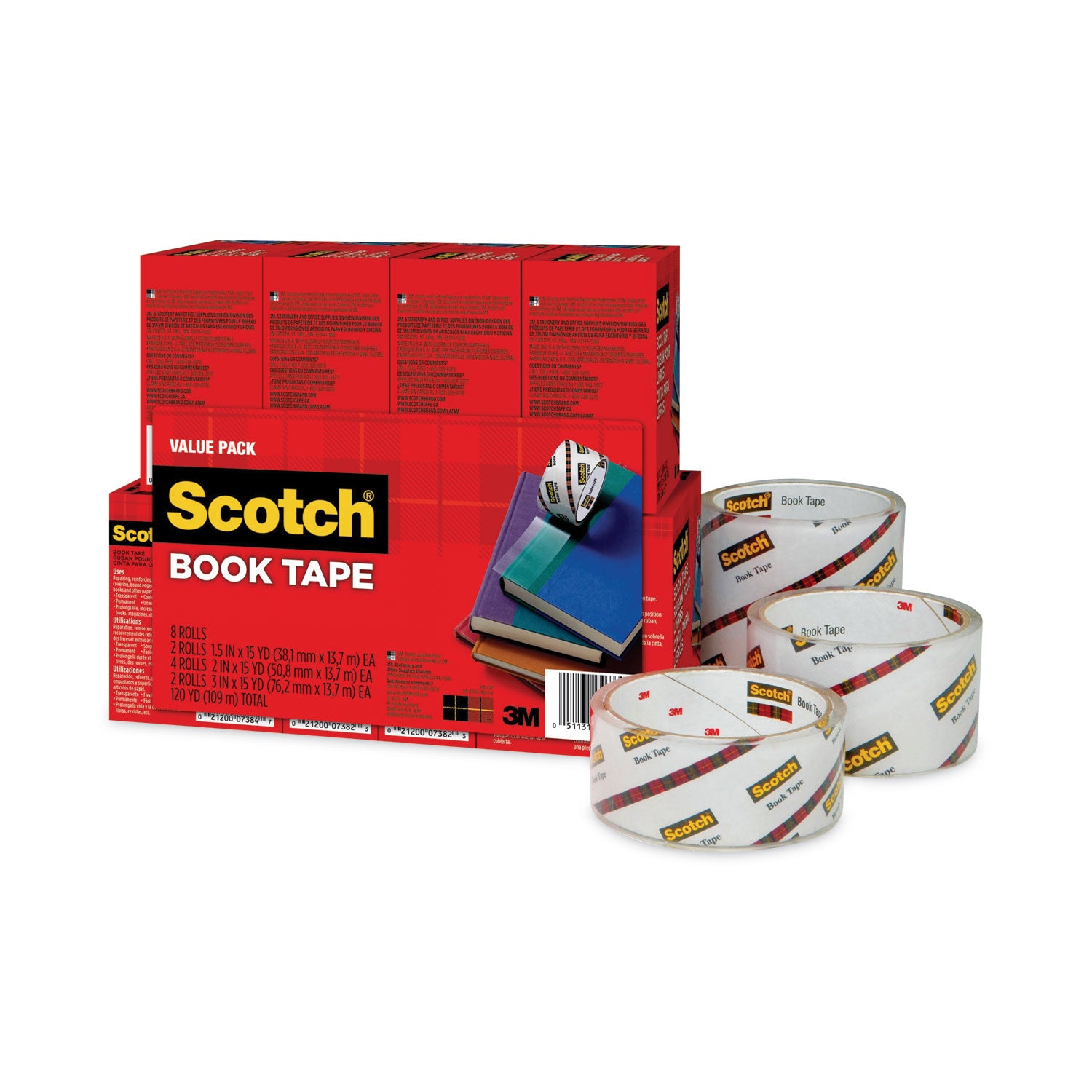 Scotch Book Tape Value Pack, 3" Core, (2) 1.5" x 15 yds, (4) 2" x 15 yds, (2) 3" x 15 yds, Clear, 8/Pack (845VP)