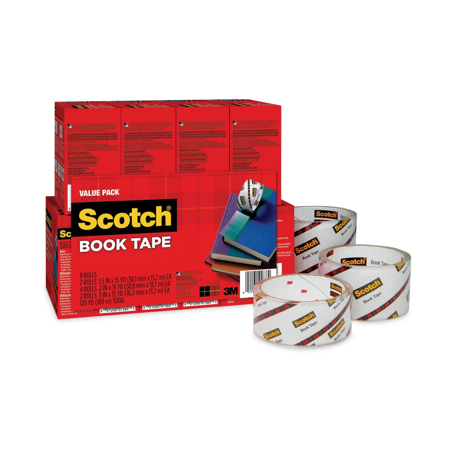 Scotch Book Tape Value Pack, 3" Core, (2) 1.5" x 15 yds, (4) 2" x 15 yds, (2) 3" x 15 yds, Clear, 8/Pack (845VP)