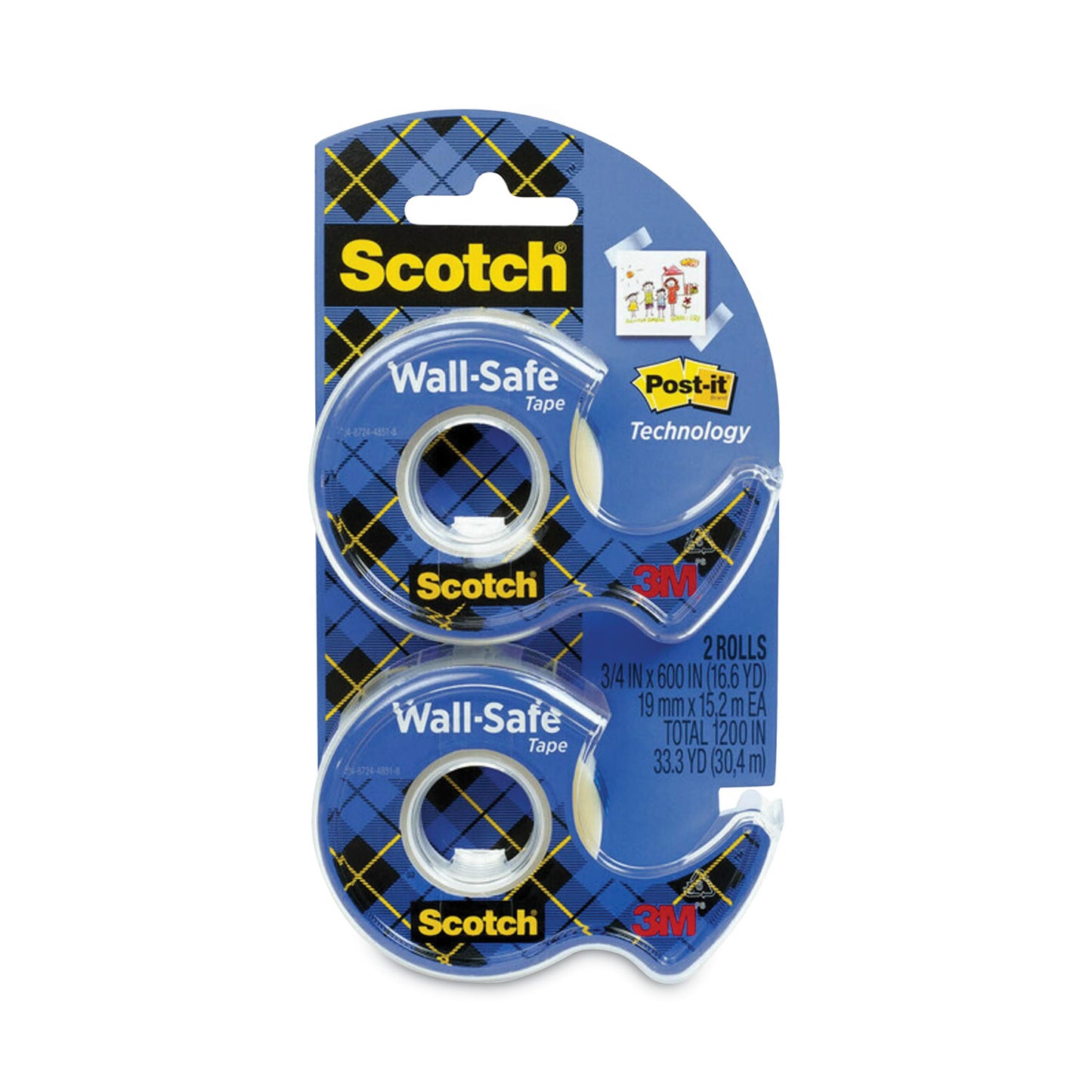 Scotch Wall-Safe Tape with Dispenser, 1" Core, 0.75" x 50 ft, Clear, 2/Pack (183DM2)