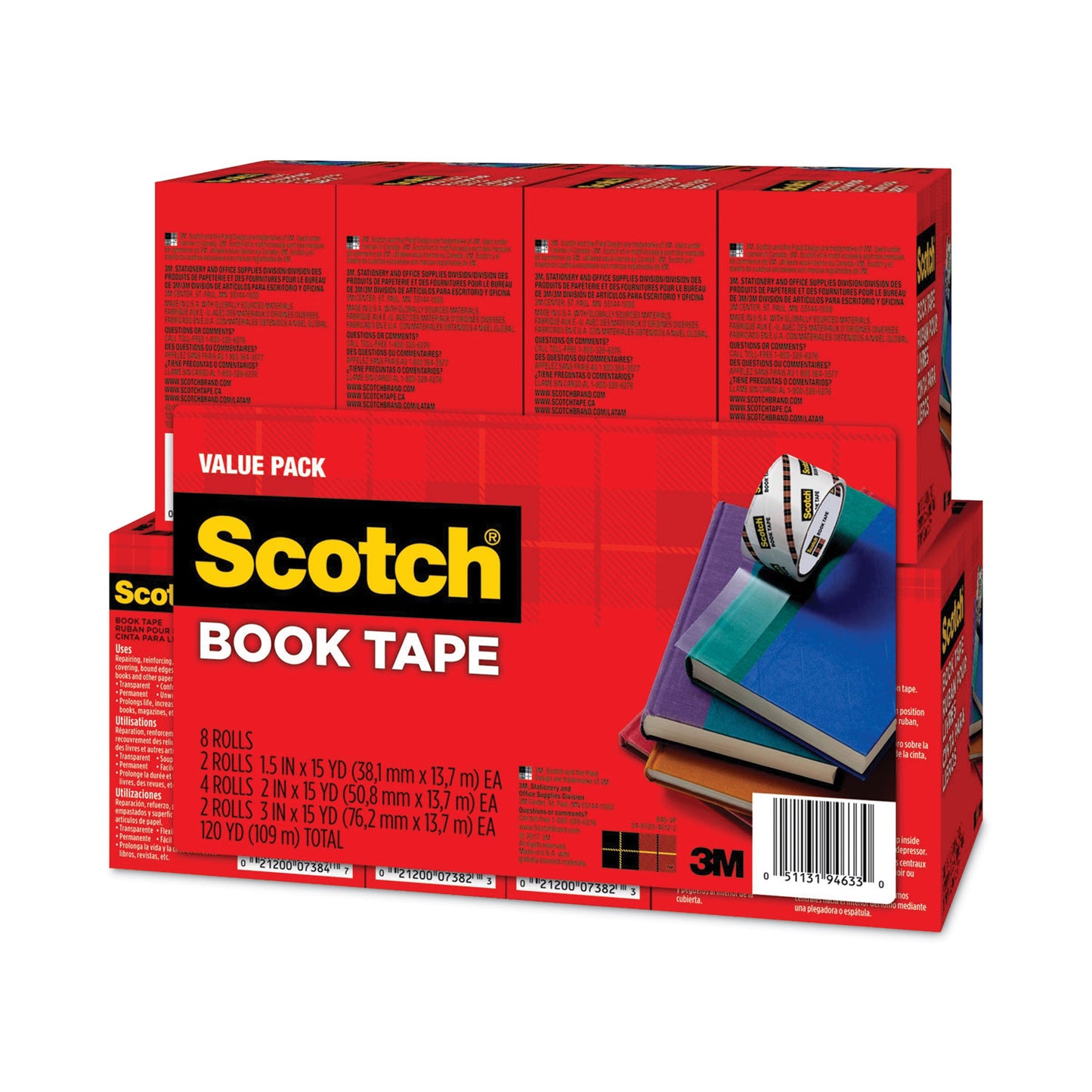 Scotch Book Tape Value Pack, 3" Core, (2) 1.5" x 15 yds, (4) 2" x 15 yds, (2) 3" x 15 yds, Clear, 8/Pack (845VP)