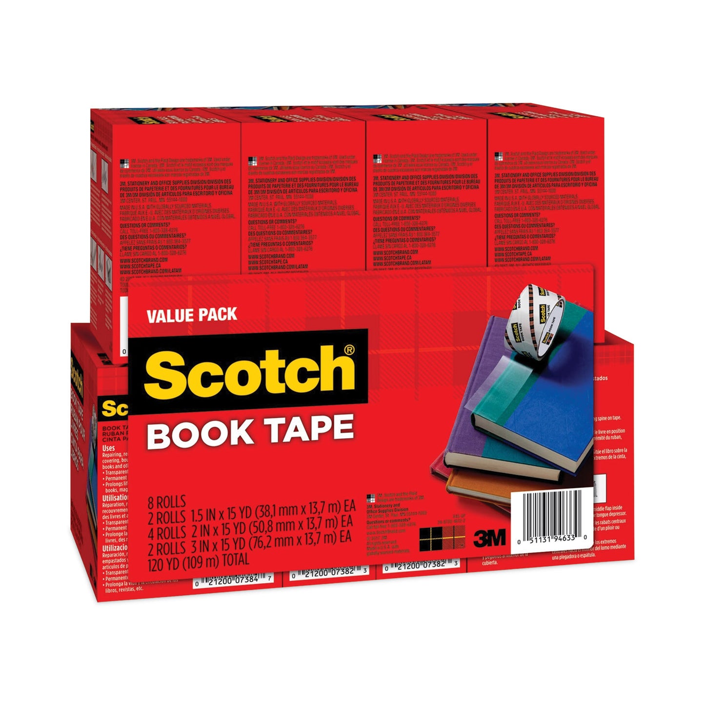 Scotch Book Tape Value Pack, 3" Core, (2) 1.5" x 15 yds, (4) 2" x 15 yds, (2) 3" x 15 yds, Clear, 8/Pack (845VP)