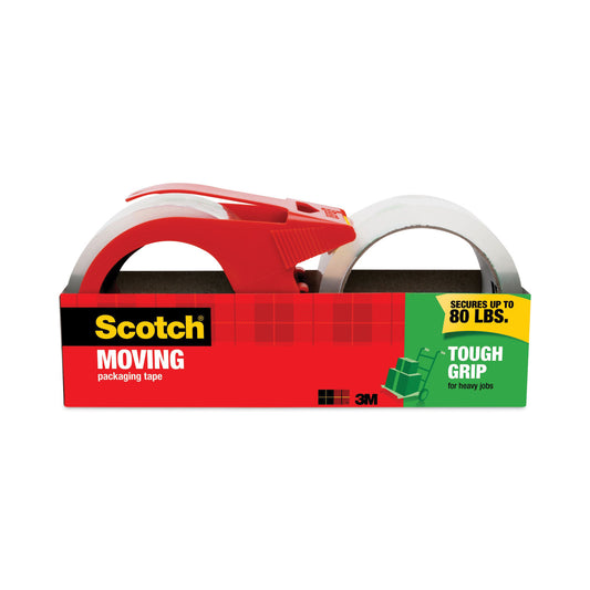 Scotch Tough Grip Moving Packaging Tape with Dispenser, 3" Core, 1.88" x 38.2 yds, Clear, 2/Pack (3500S21RD)