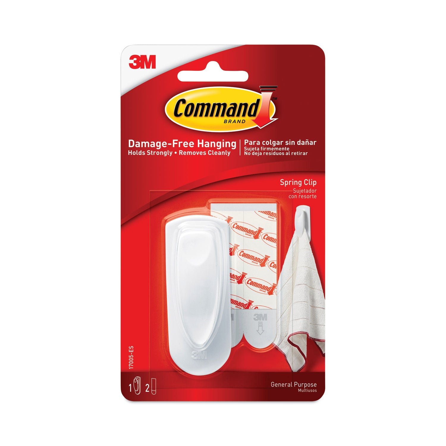 Command Spring Hook, Plastic, White, 0.25 lb Capacity, 1 Hook and 2 Strips/Pack (17005ES)