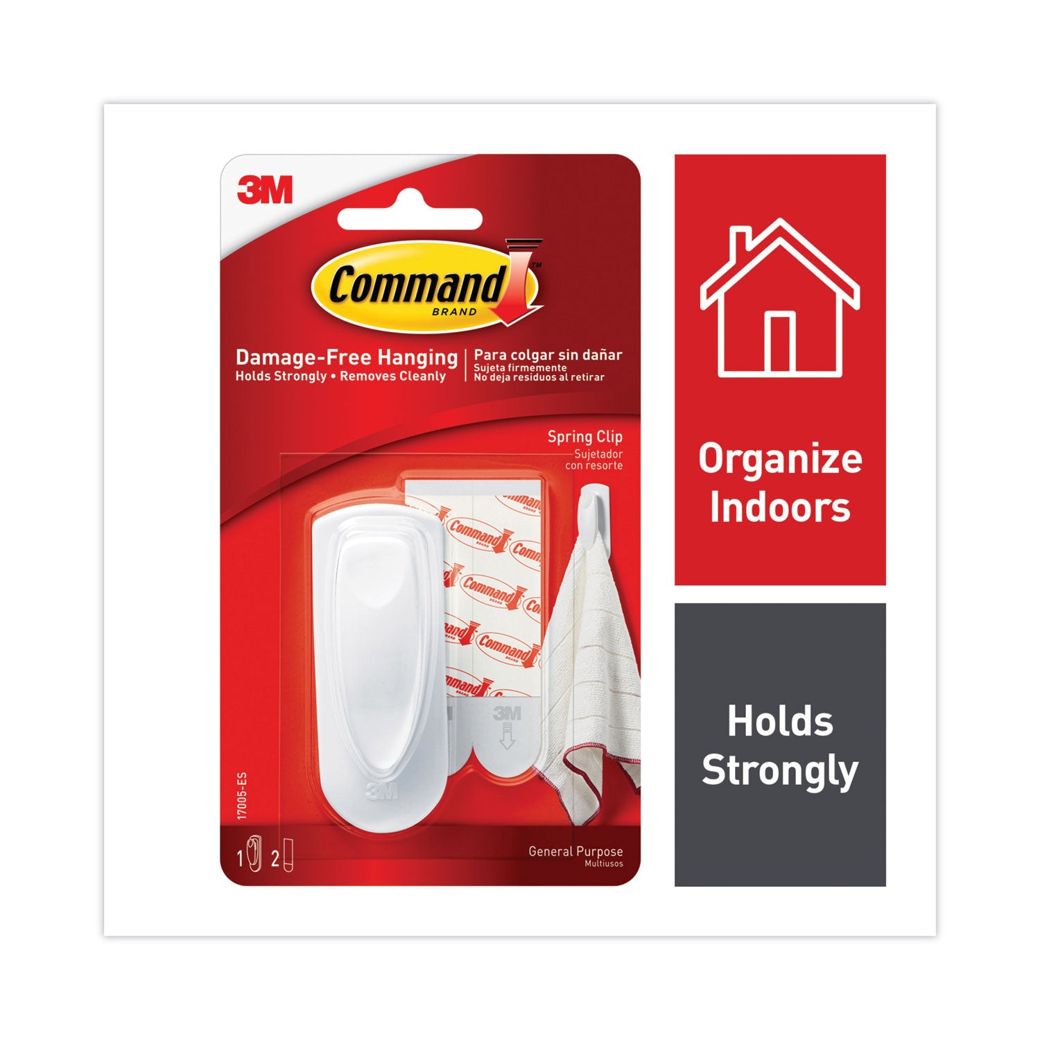 Command Spring Hook, Plastic, White, 0.25 lb Capacity, 1 Hook and 2 Strips/Pack (17005ES)