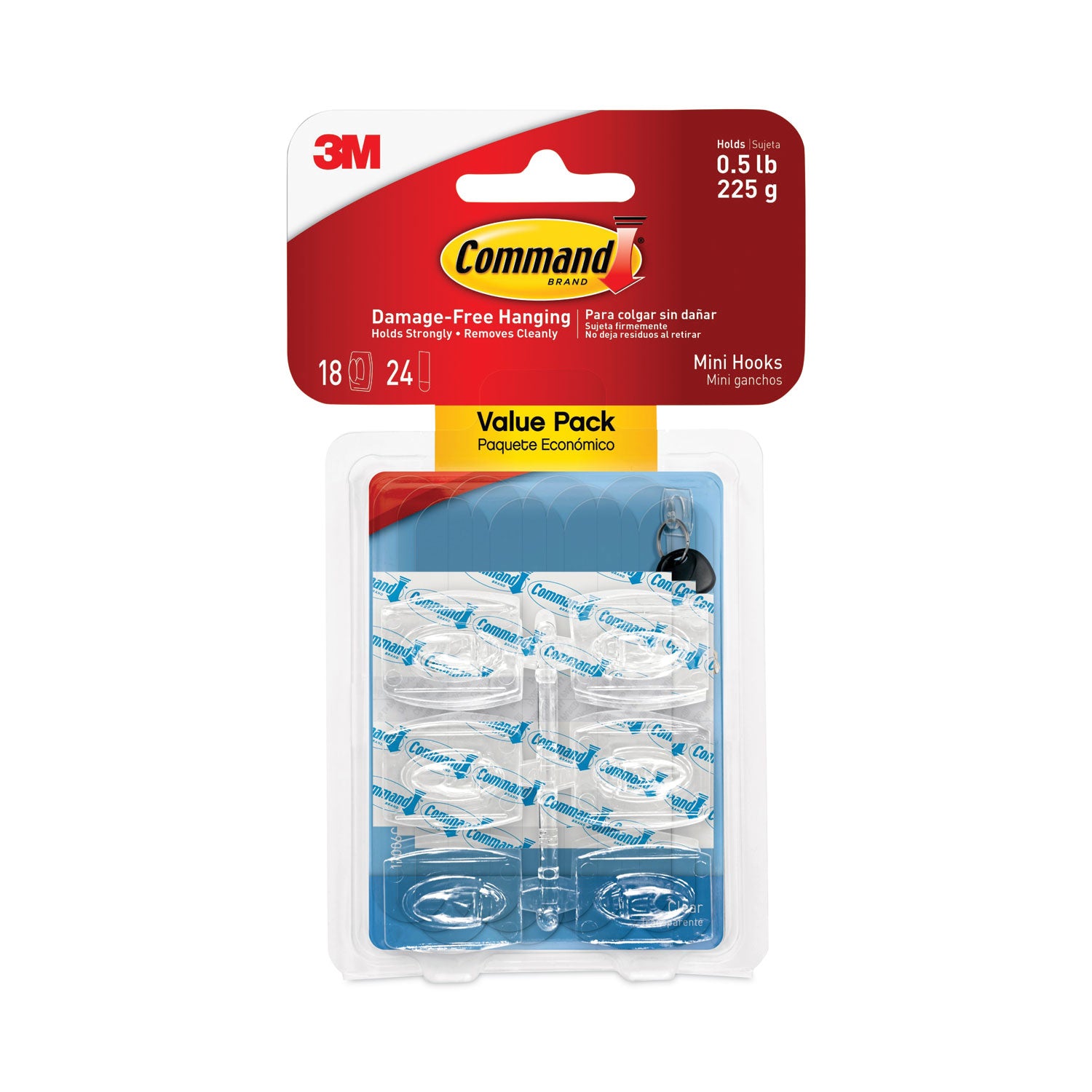 Command Clear Hooks and Strips, Mini, Plastic, 0.5 lb Capacity, 18 Hooks and 24 Strips/Pack (17006CLR18ES)