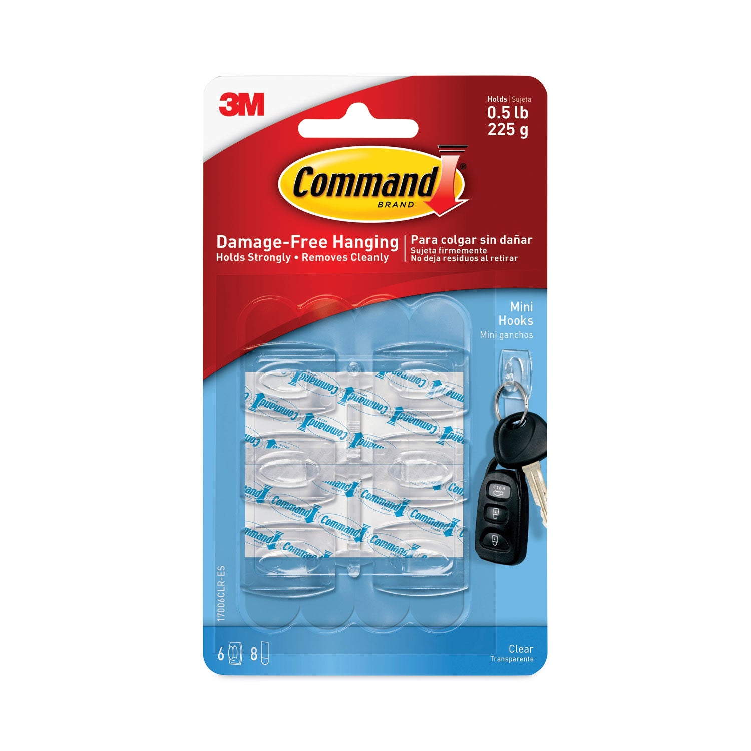 Command Clear Hooks and Strips, Mini, Plastic, 0.5 lb Capacity, 6 Hooks and 8 Strips/Pack (17006CLRES)