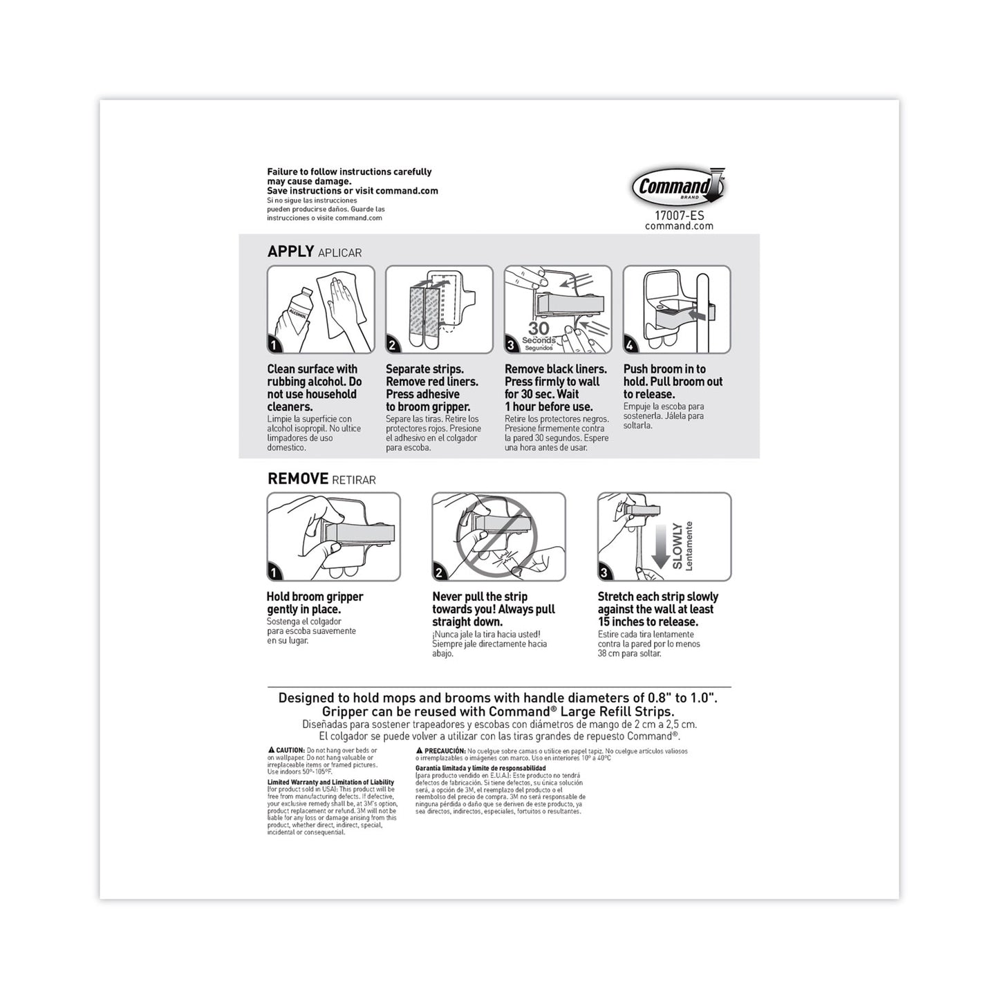 Command Broom Gripper, 3.12w x 1.85d x 3.34h, White/Gray, 6 Grippers/16 Strips/Pack (17007S6NA)