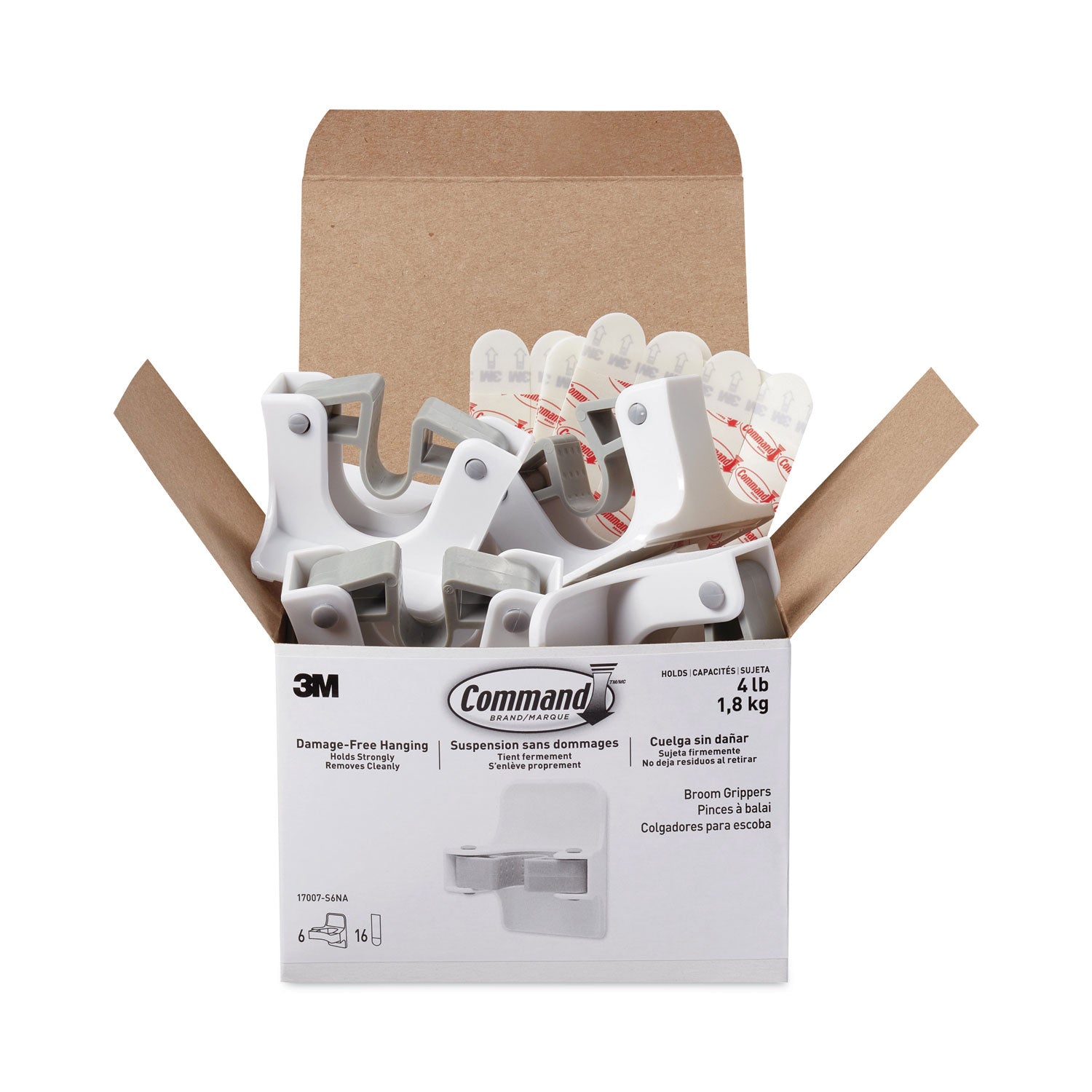 Command Broom Gripper, 3.12w x 1.85d x 3.34h, White/Gray, 6 Grippers/16 Strips/Pack (17007S6NA)