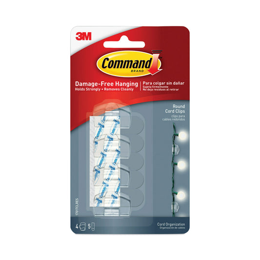 Command Cord Clip, Round, with Adhesive, 0.75"w, Clear, 4/Pack (17017CLRES)