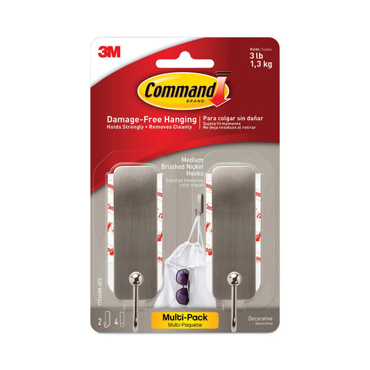 Command Decorative Hooks, Medium, Metal, Brushed Nickel, 3 lb Capacity, 2 Hooks and 4 Strips/Pack (17034BN2ES)