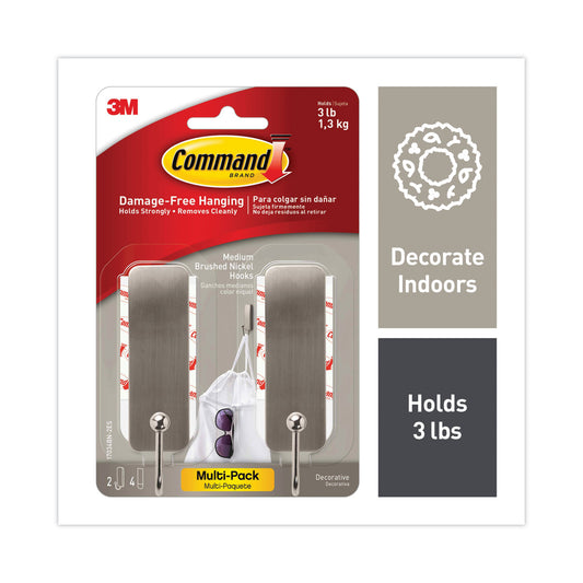 Command Decorative Hooks, Medium, Metal, Brushed Nickel, 3 lb Capacity, 2 Hooks and 4 Strips/Pack (17034BN2ES)