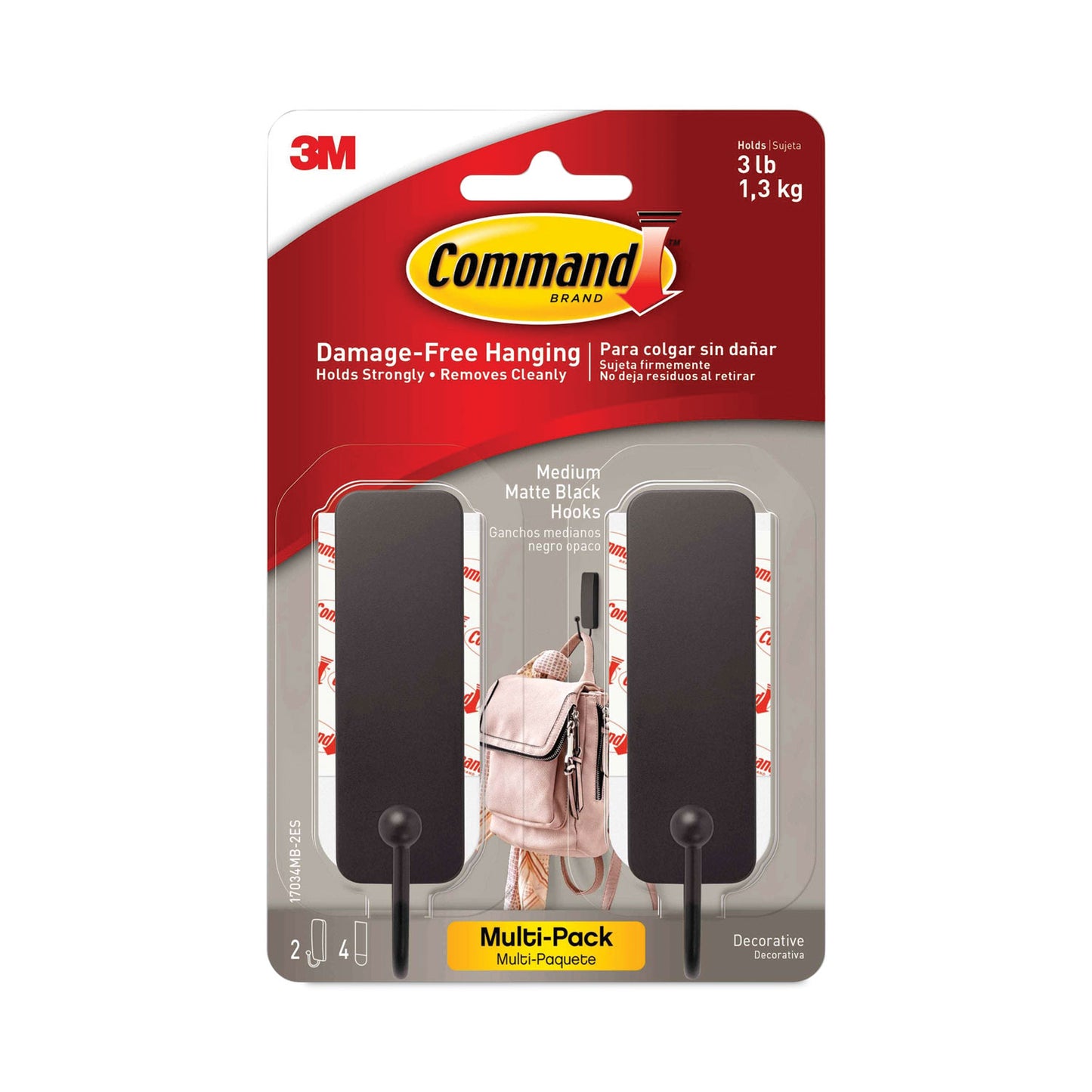 Command Decorative Hooks, Medium, Plastic, Matte Black, 3 lb Capacity, 2 Hooks and 4 Strips/Pack (17034MB2ES)