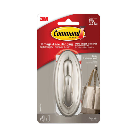 Command Decorative Hooks, Traditional, Large, Plastic, Silver, 5 lb Capacity, 1 Hook and 2 Strips/Pack (17053BNES)