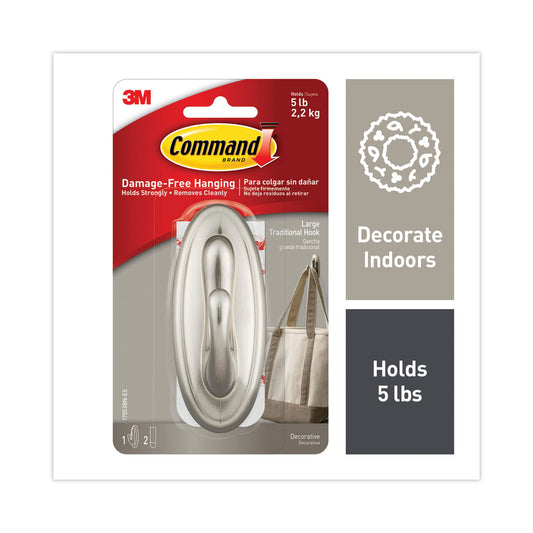 Command Decorative Hooks, Traditional, Large, Plastic, Silver, 5 lb Capacity, 1 Hook and 2 Strips/Pack (17053BNES)