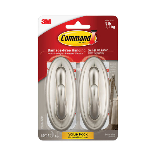 Command Decorative Hooks, Traditional, Large, Metal, Brushed Nickel, 5 lb Capacity, 2 Hooks and 4 Strips/Pack (17053BNVPES)