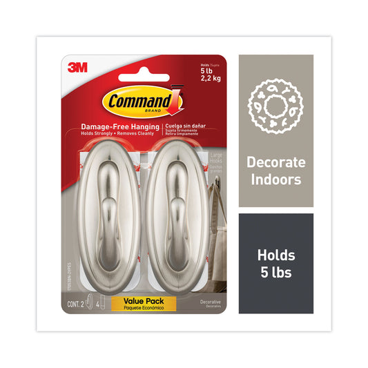 Command Decorative Hooks, Traditional, Large, Metal, Brushed Nickel, 5 lb Capacity, 2 Hooks and 4 Strips/Pack (17053BNVPES)