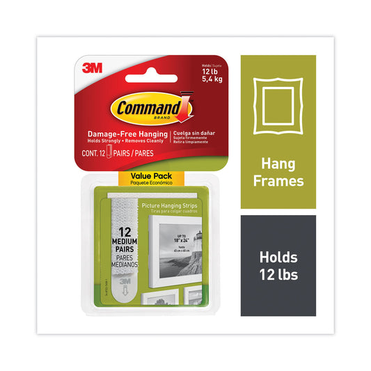 Command Picture Hanging Strips, Value Pack, Medium, Removable, Holds Up to 12 lbs, 0.75 x 2.75, White, 12 Pairs/Pack (1720412ES)