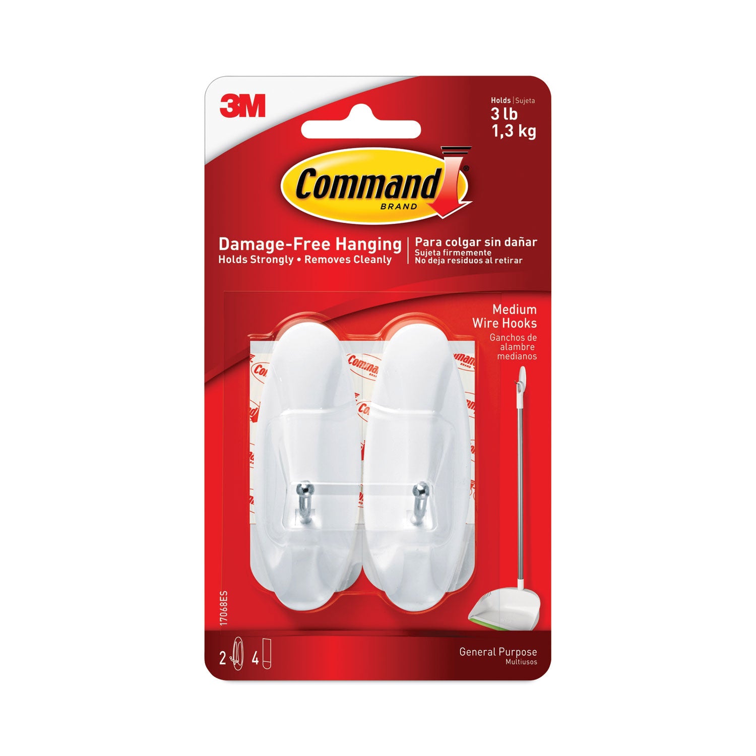 Command General Purpose Wire Hooks, Medium, Metal, White, 3 lb Capacity, 2 Hooks and 4 Strips/Pack (17068ES)