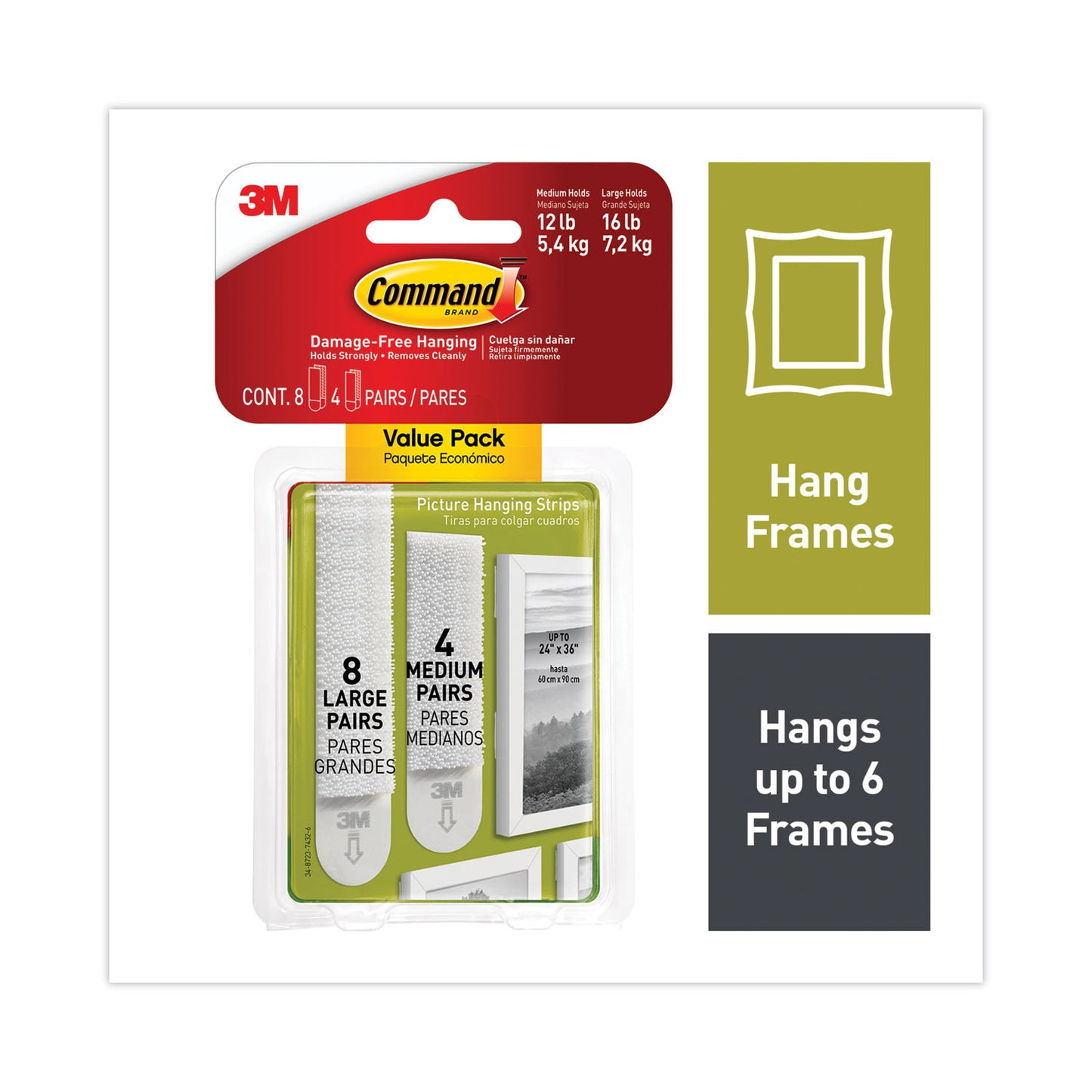 Command Picture Hanging Strips, Value Pack, Removable, (8) Large 0.63 x 3.63 Pairs, (4) Medium 0.5 x 2.75 Pairs, White (17209ES)