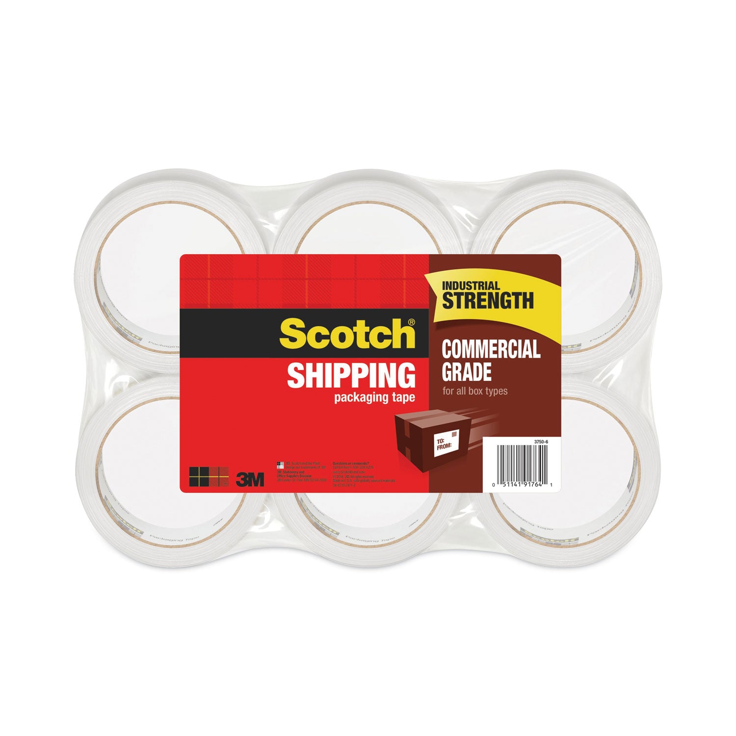 Scotch 3750 Commercial Grade Packaging Tape, 3" Core, 1.88" x 54.6 yds, Clear, 6/Pack (37506)
