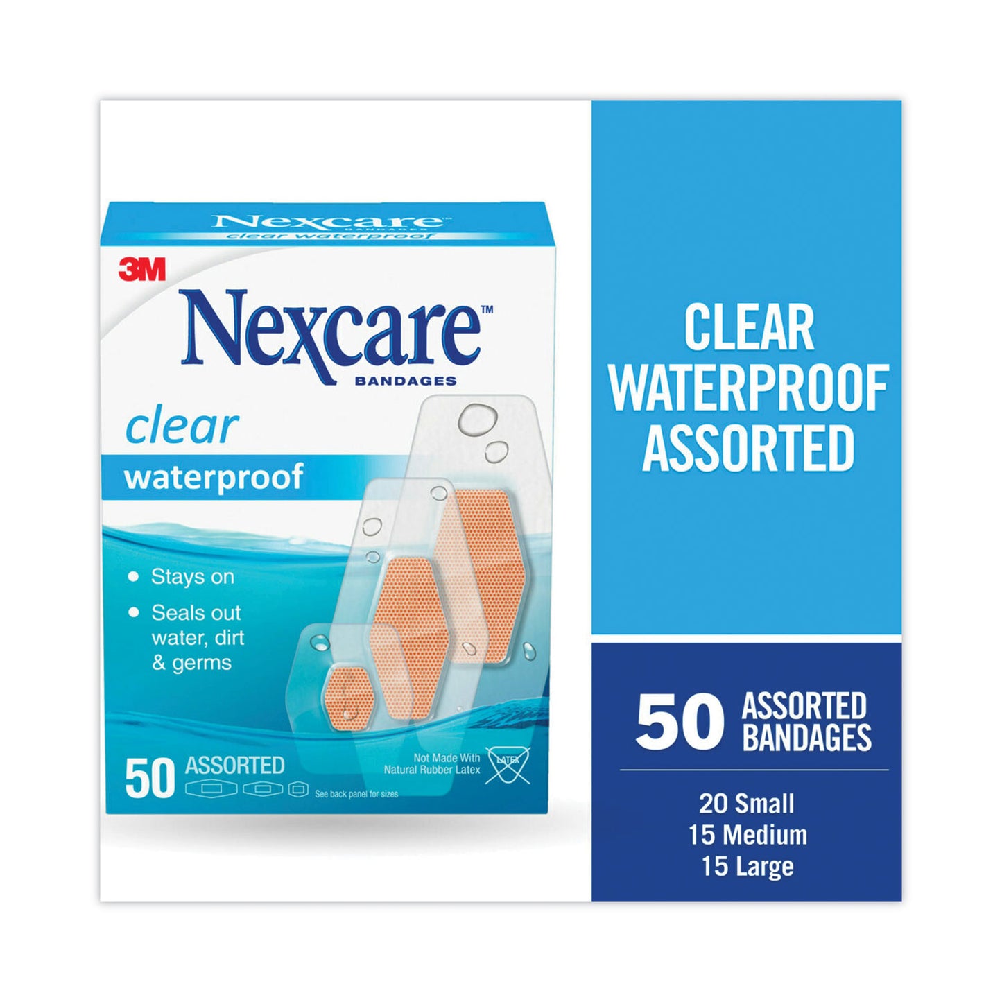Nexcare Waterproof, Clear Bandages, Assorted Sizes, 50/Box (43250)
