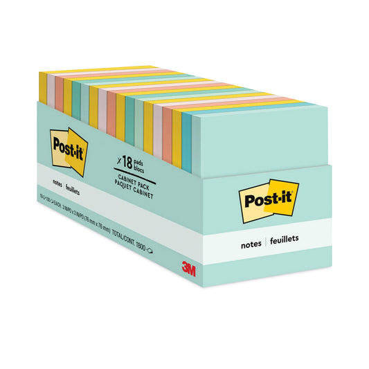 Post-it Original Pads in Beachside Cafe Collection Colors, Cabinet Pack, 3" x 3", 100 Sheets/Pad, 18 Pads/Pack (65418APCPPK)