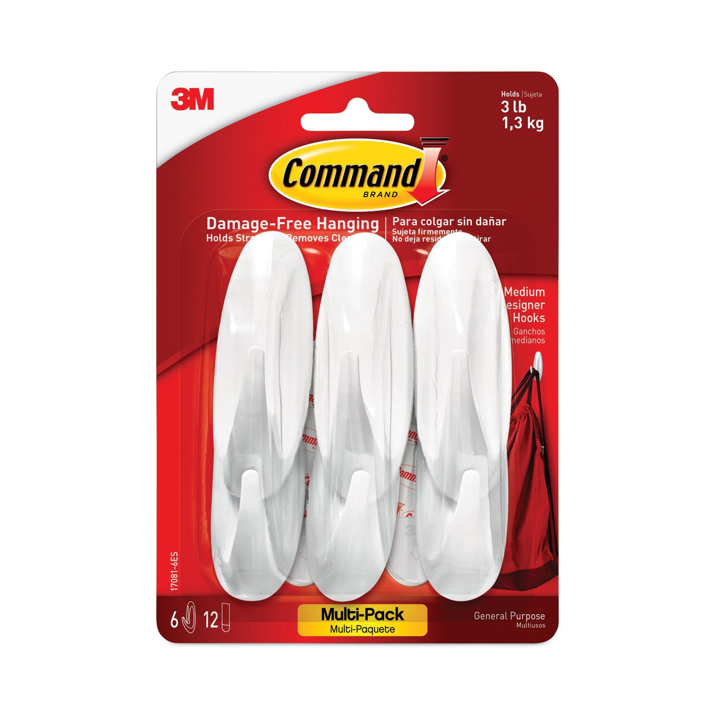 Command Designer Hooks, Medium, Plastic, White, 3 lb Capacity, 6 Hooks and 12 Strips/Pack (170816ES)