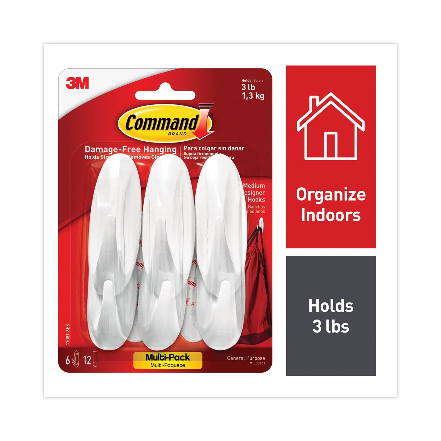 Command Designer Hooks, Medium, Plastic, White, 3 lb Capacity, 6 Hooks and 12 Strips/Pack (170816ES)