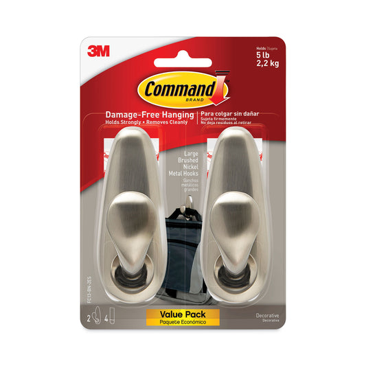 Command Adhesive Mount Metal Hook, Large, Brushed Nickel Finish, 5 lb Capacity, 2 Hooks and 4 Strips/Pack (FC13BN2ES)