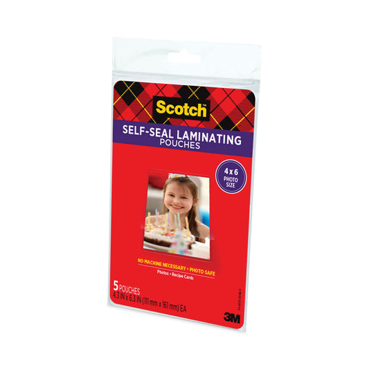 Scotch Self-Sealing Laminating Pouches, 9.5 mil, 4.38" x 6.38", Gloss Clear, 5/Pack (PL900G)