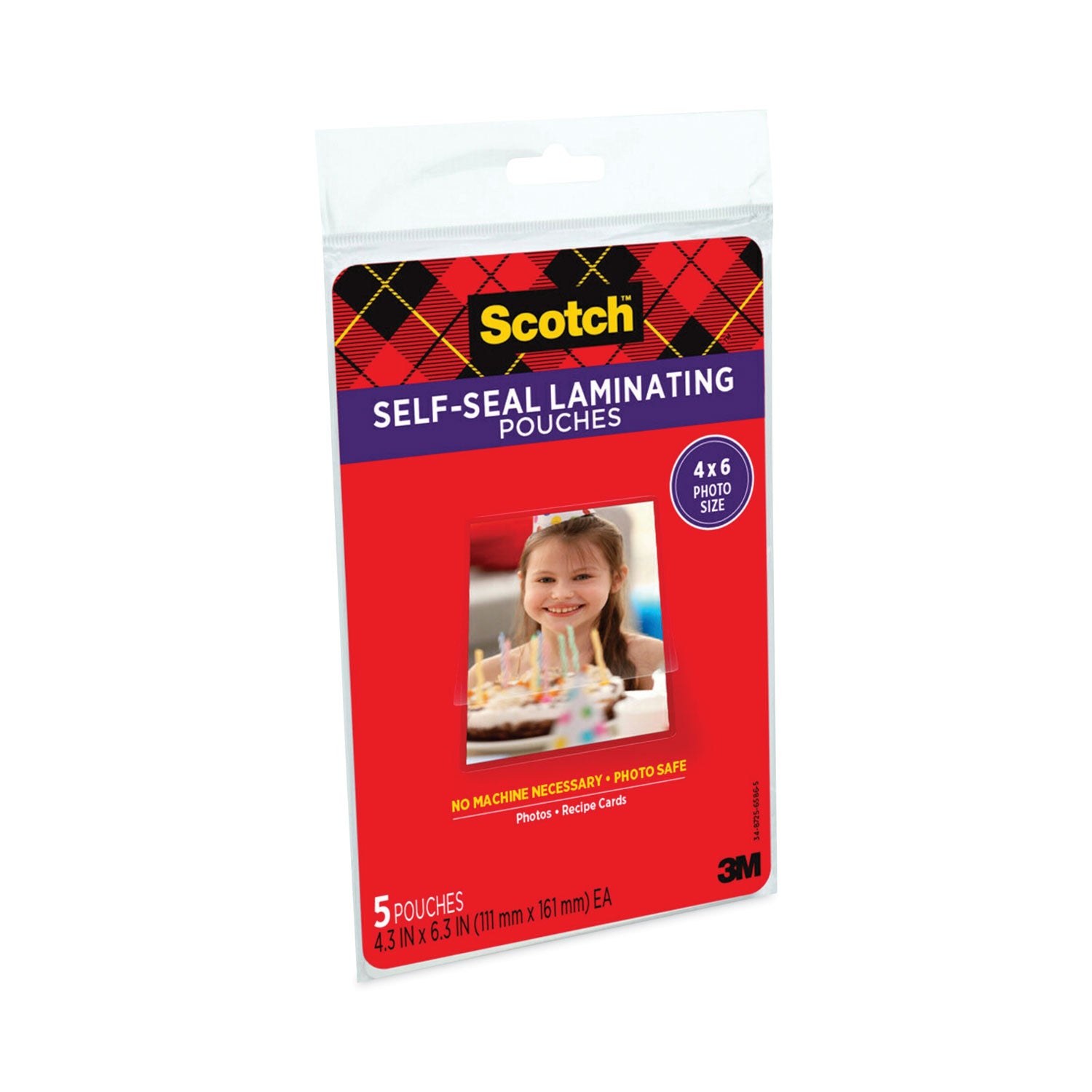 Scotch Self-Sealing Laminating Pouches, 9.5 mil, 4.38" x 6.38", Gloss Clear, 5/Pack (PL900G)