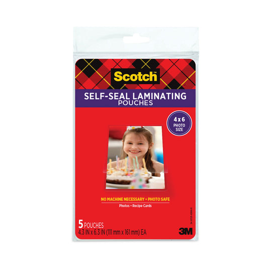 Scotch Self-Sealing Laminating Pouches, 9.5 mil, 4.38" x 6.38", Gloss Clear, 5/Pack (PL900G)