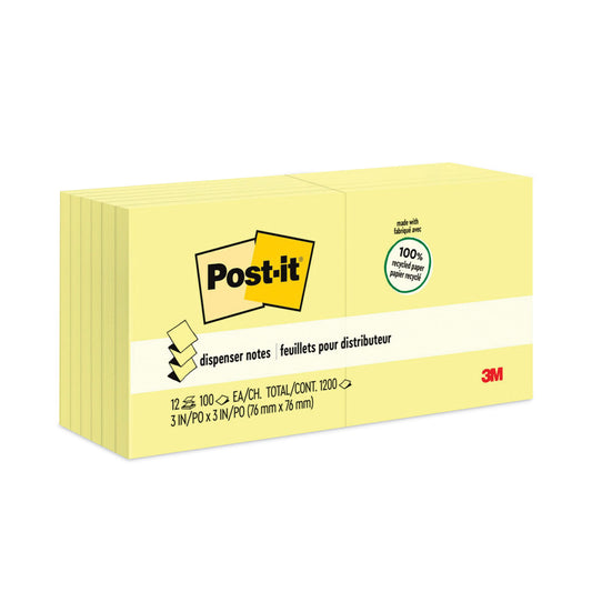 Post-it Original Recycled Pop-up Notes, 3" x 3", Canary Yellow, 100 Sheets/Pad, 12 Pads/Pack (R330RP12YW)