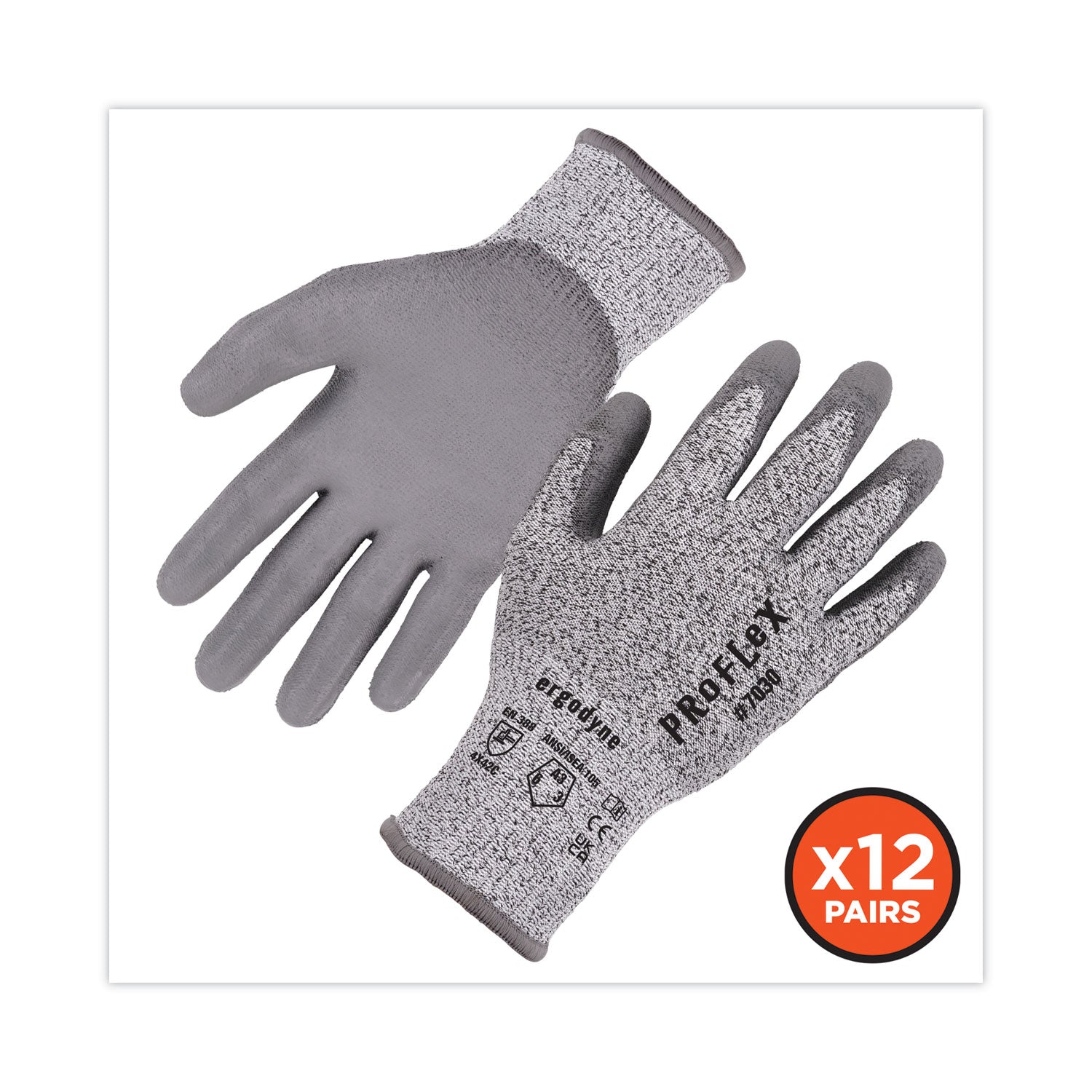 ergodyne ProFlex 7030 ANSI A3 PU Coated CR Gloves, Gray, Medium, 12 Pairs/Pack (10453)