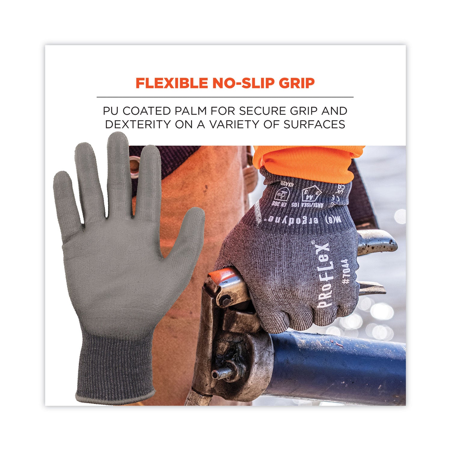 ergodyne ProFlex 7044 ANSI A4 PU Coated CR Gloves, Gray, Small, 12 Pairs/Pack (10482)