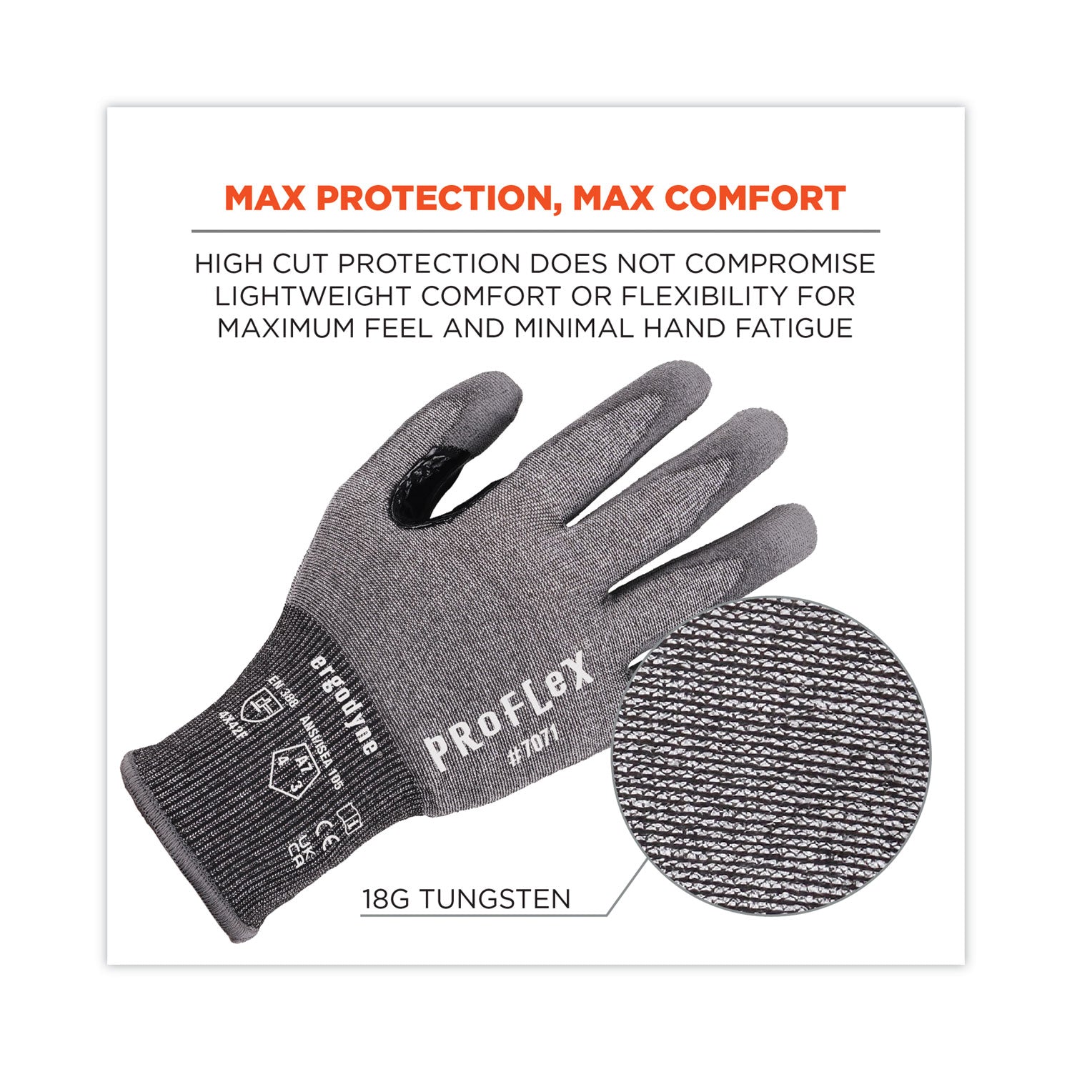 ergodyne ProFlex 7071 ANSI A7 PU Coated CR Gloves, Gray, Medium, Pair (18073)