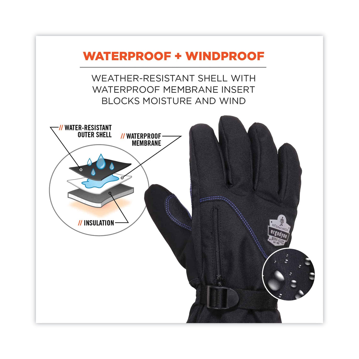 ergodyne ProFlex 825WP Thermal Waterproof Winter Work Gloves, Black, Small, Pair (17602)