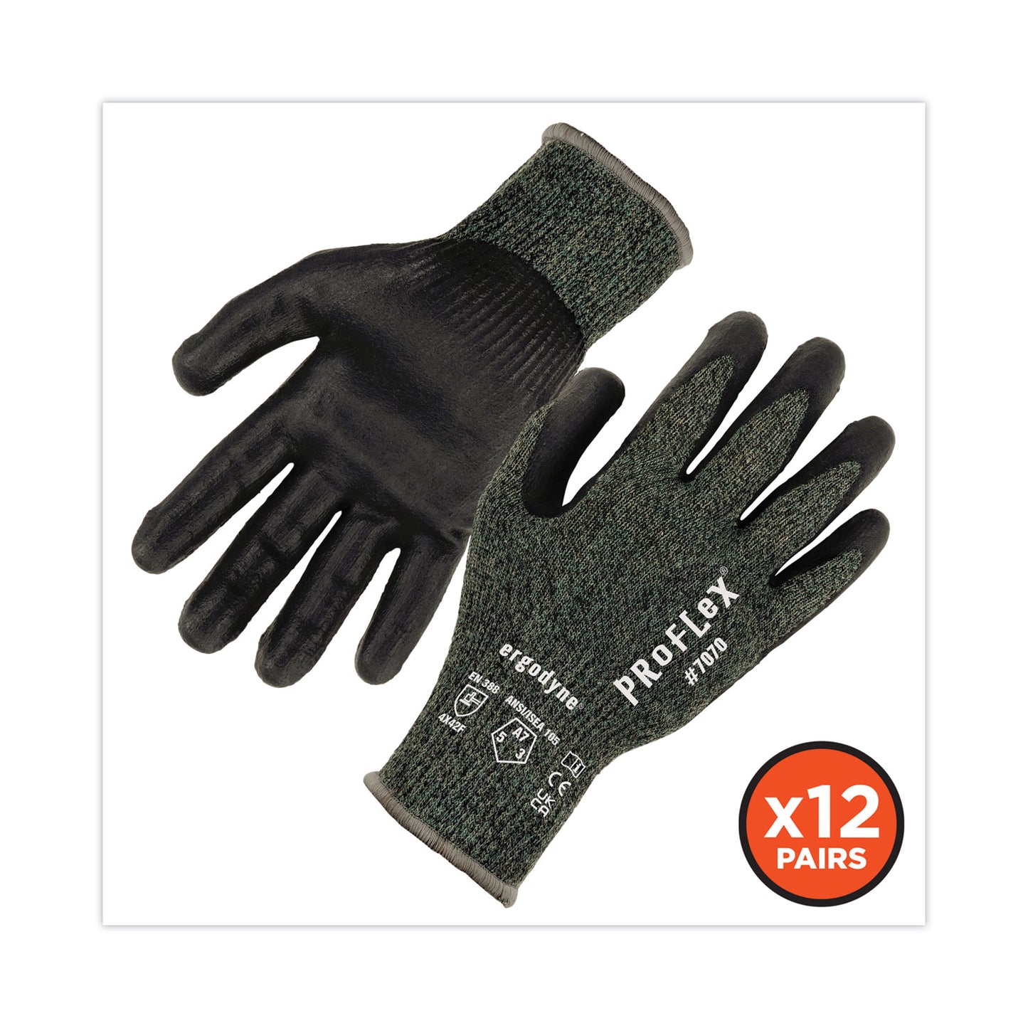 ergodyne ProFlex 7070 ANSI A7 Nitrile Coated CR Gloves, Green, Medium, 12 Pairs/Pack (18033)