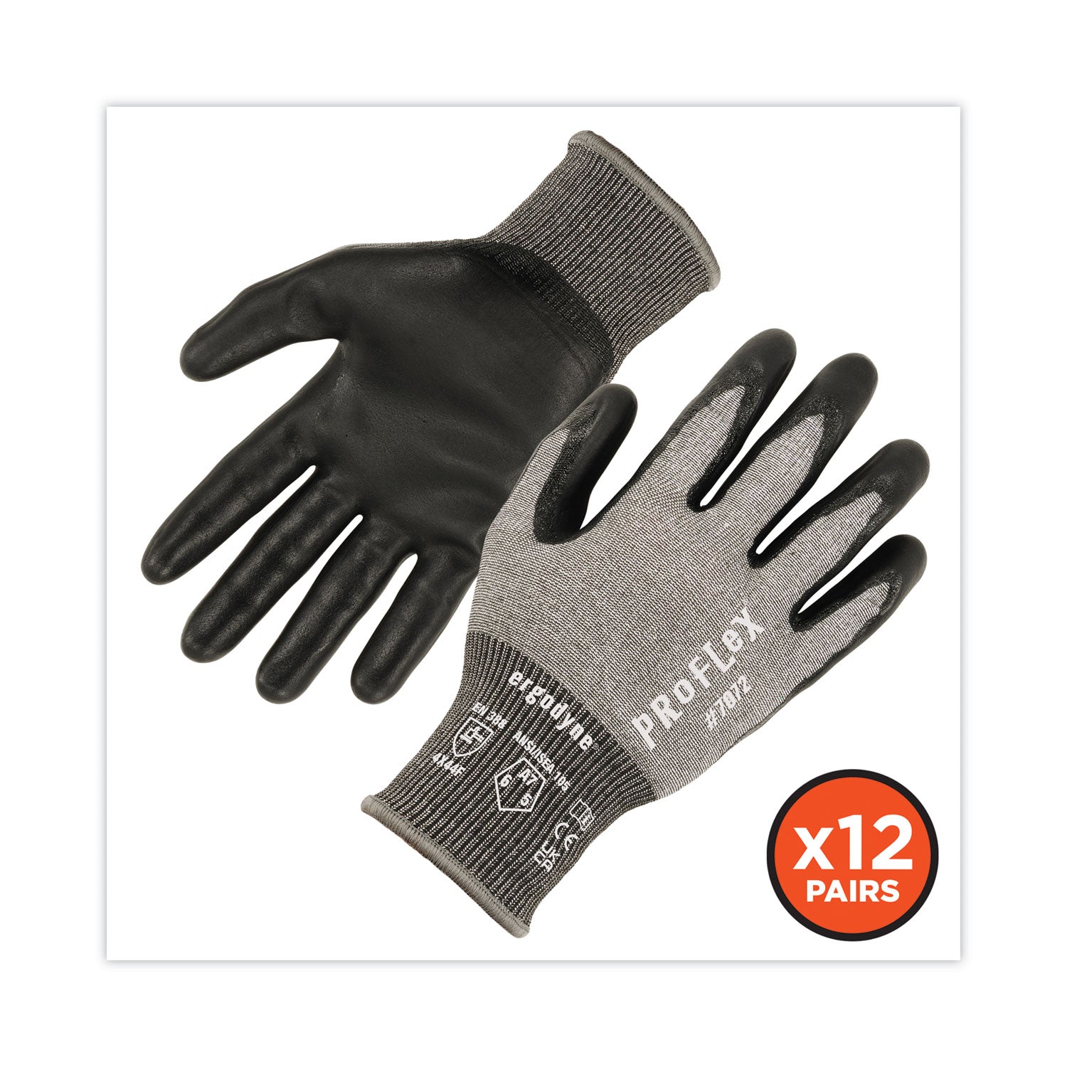 ergodyne ProFlex 7072 ANSI A7 Nitrile-Coated CR Gloves, Gray, Small, 12 Pairs/Pack (10302)