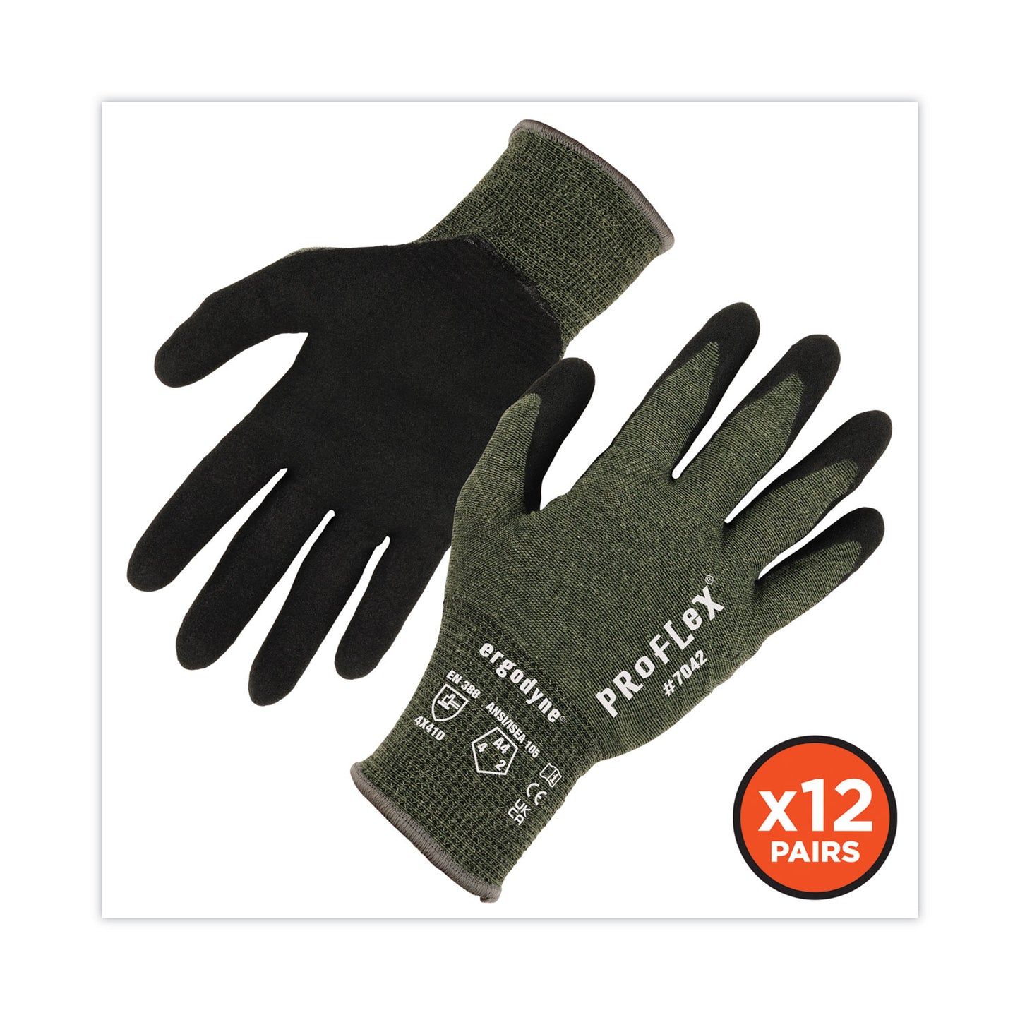 ergodyne ProFlex 7042 ANSI A4 Nitrile-Coated CR Gloves, Green, X-Large, 12 Pairs/Pack (10335)