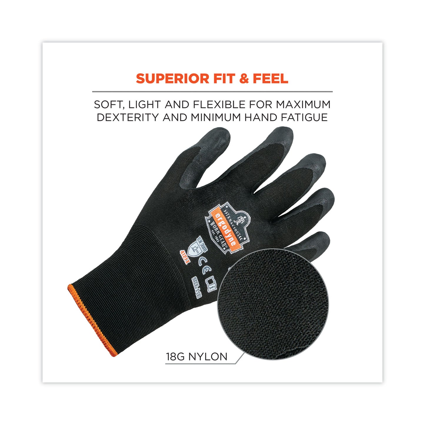 ergodyne ProFlex 7001 Nitrile-Coated Gloves, Black, Large, 144 Pairs/Pack (17854)