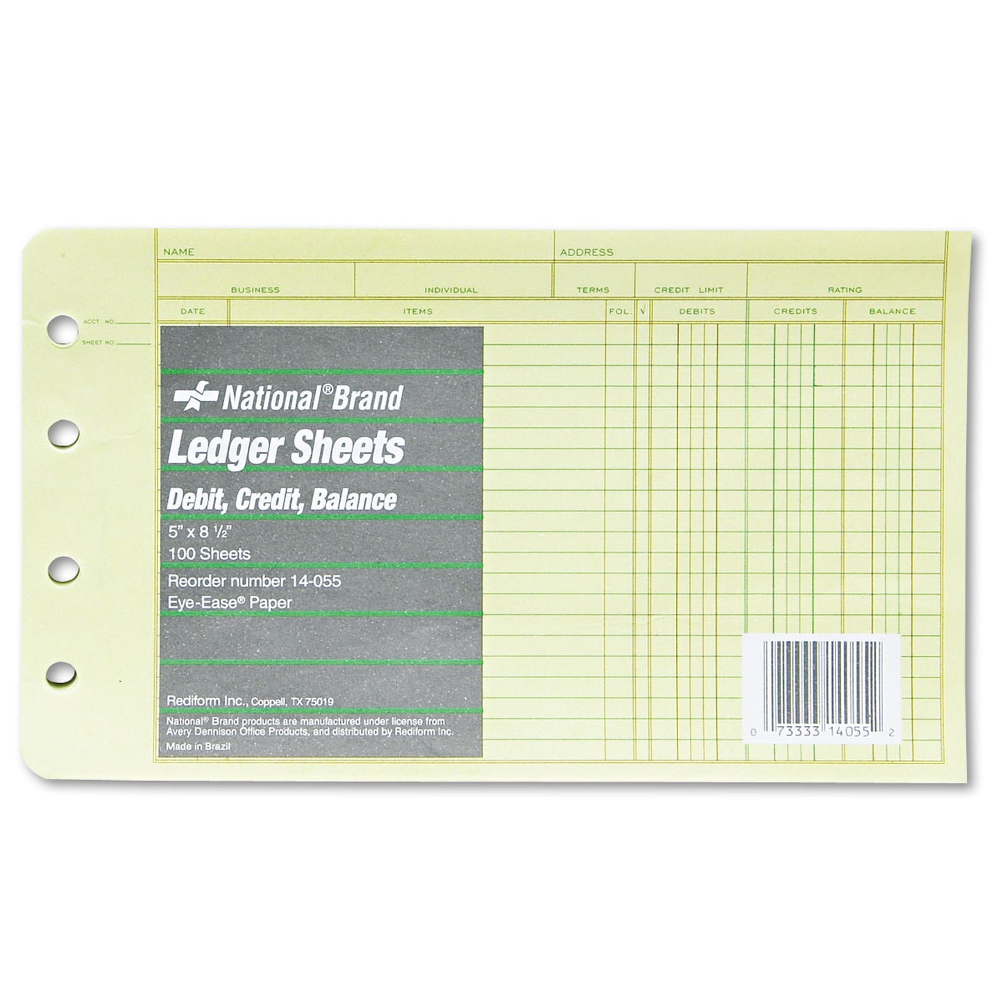 National Paper Four-Ring Binder Refill Sheets, 5 x 8.5, Green, 100/Pack (14055)