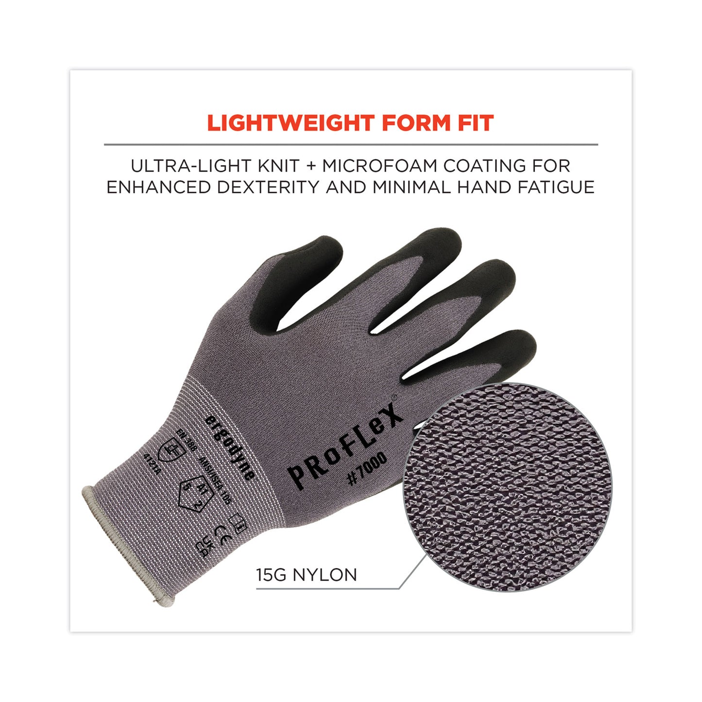 ergodyne ProFlex 7000 Nitrile-Coated Gloves Microfoam Palm, Gray, Small, 12 Pairs/Pack (10362)